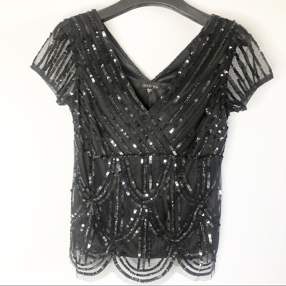 Marina Black Sequins Beaded Blouse Size Small